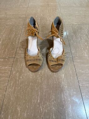 Restricted Suede Peep-Toe Lace-Up Heels in Tan